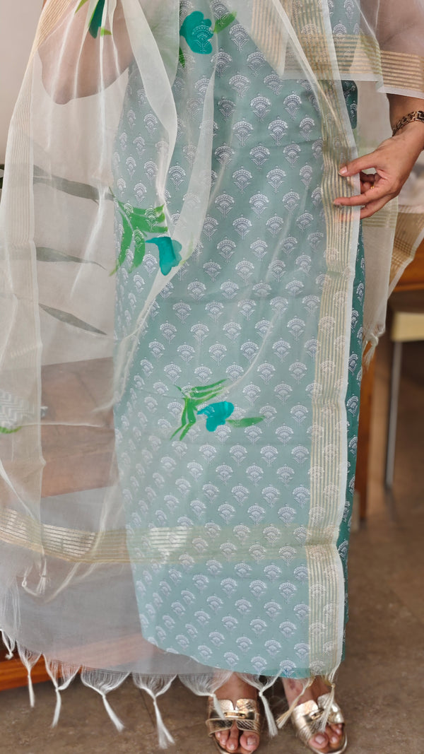 Block printed cotton suit with organza dupatta