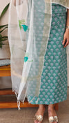 Block printed cotton suit with organza dupatta