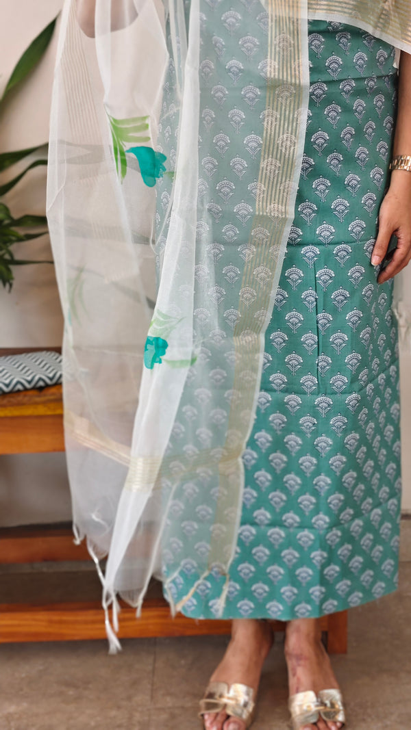 Block printed cotton suit with organza dupatta