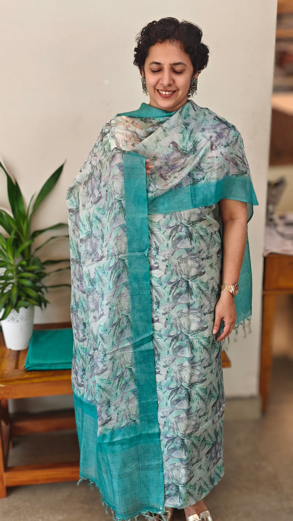 Teal printed check tussar silk suit
