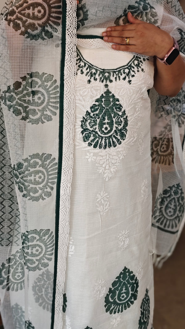 White and green net kota chikankari suit