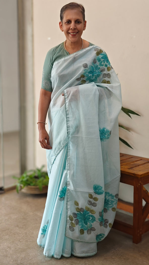 Aqua blue painted silky kota saree - VL72