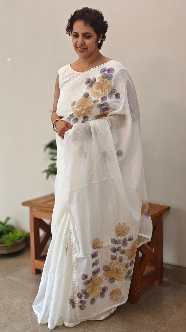 Milky white painted silky kota saree - VL72