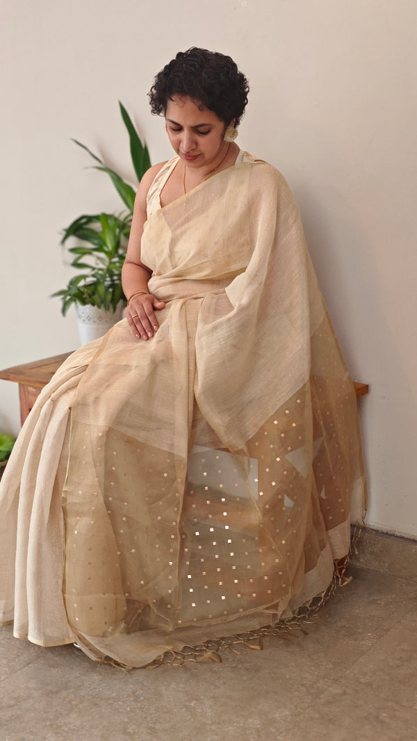 Light golden tissue linen saree
