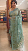 Teal mal chanderi applique saree