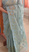 Teal mal chanderi applique saree