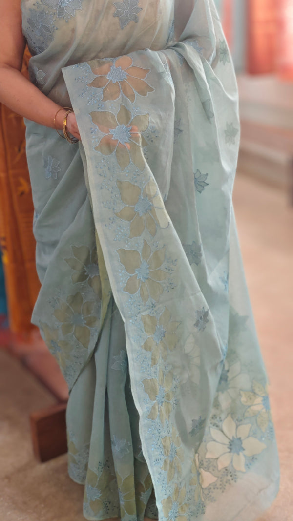 Teal mal chanderi applique saree