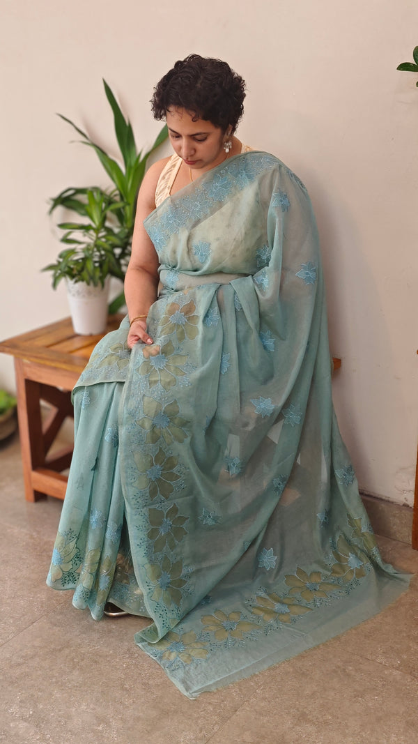 Teal mal chanderi applique saree