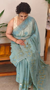 Teal mal chanderi applique saree