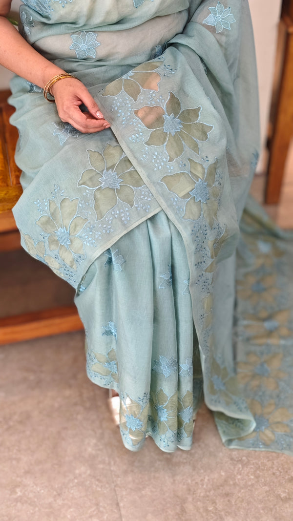Teal mal chanderi applique saree