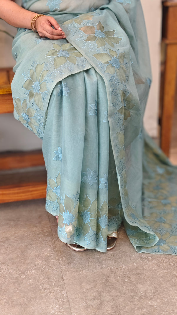 Teal mal chanderi applique saree
