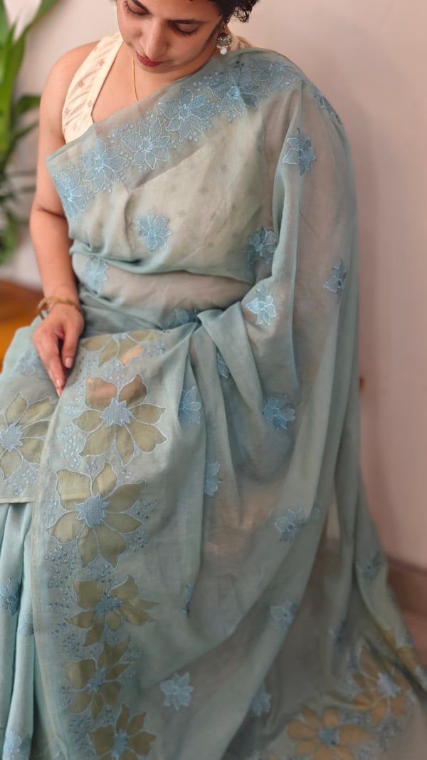 Teal mal chanderi applique saree