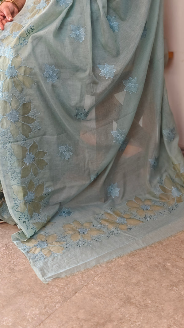 Teal mal chanderi applique saree