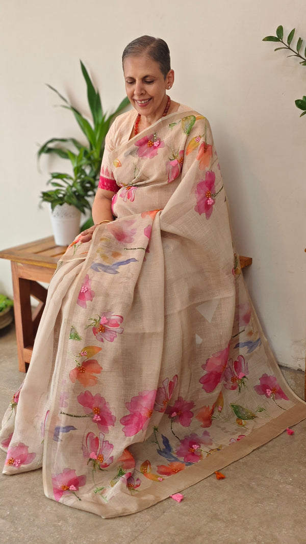 Beige tissue linen saree - W492