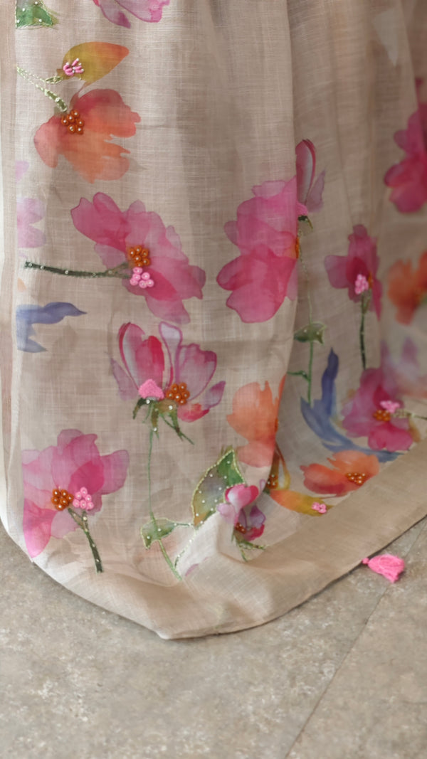 Beige tissue linen saree - W492