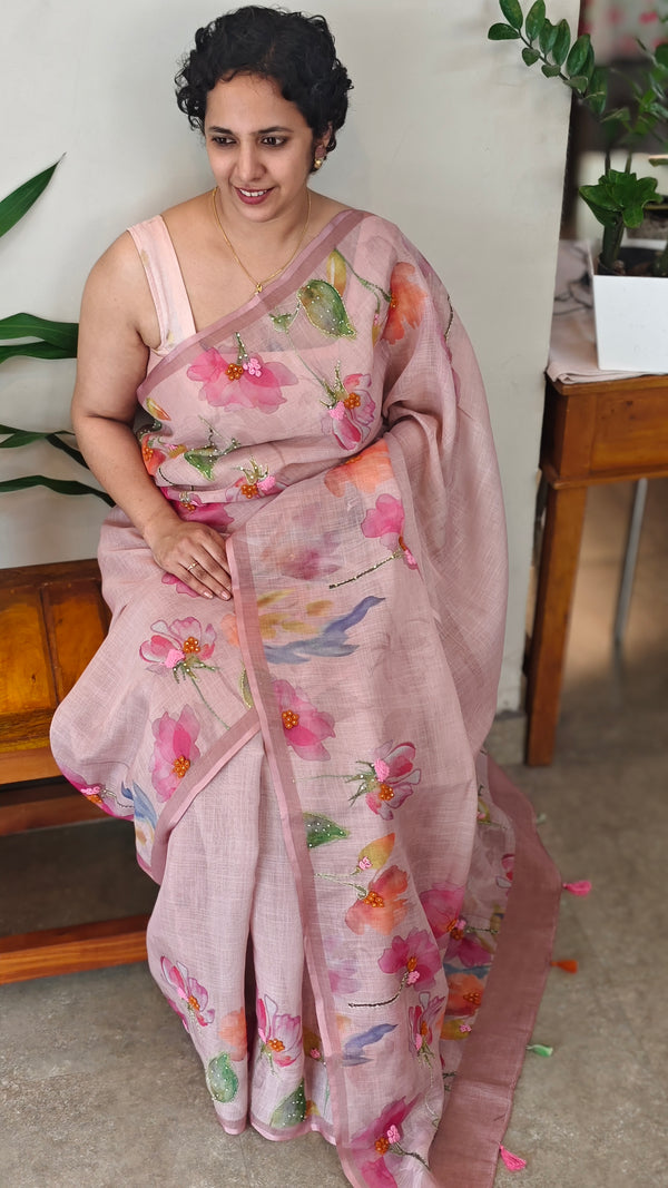 Nude pink tissue linen saree - W492