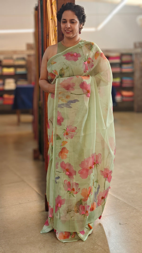 Pista green tissue linen saree - W492