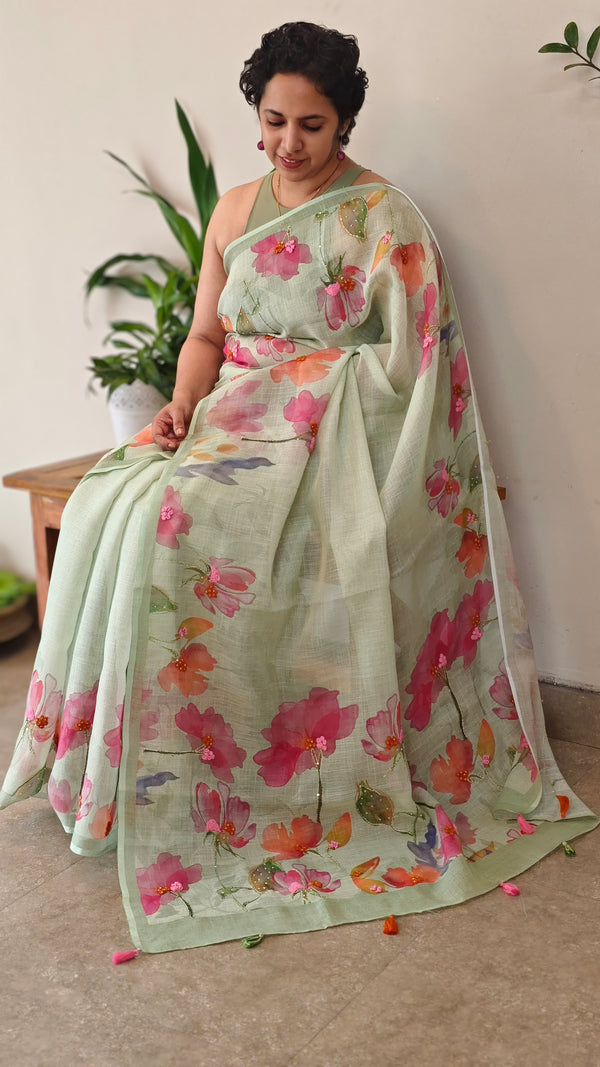 Pista green tissue linen saree - W492