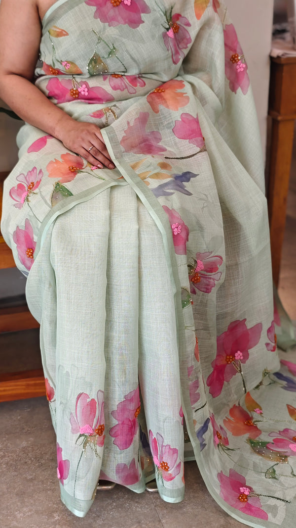 Pista green tissue linen saree - W492