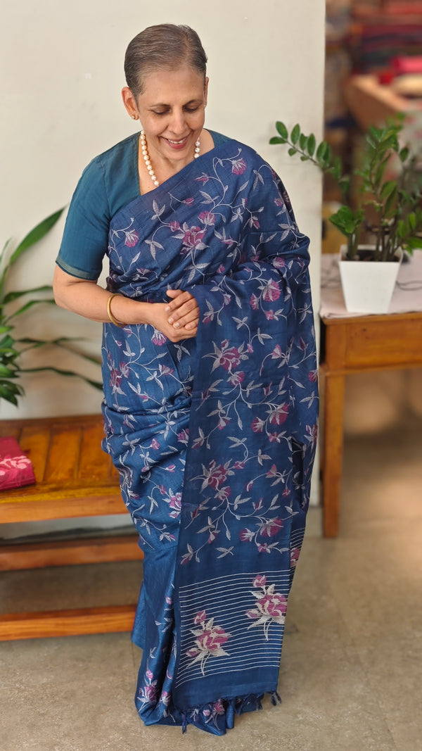 Classic blue desi tussar silk saree - 637B