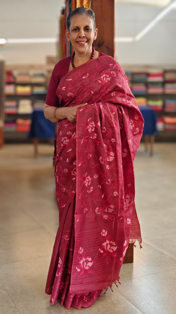 Dark pink desi tussar silk saree - 637B