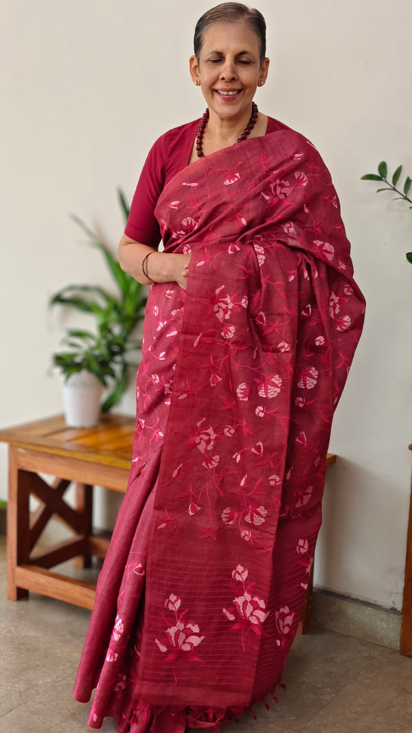 Dark pink desi tussar silk saree - 637B
