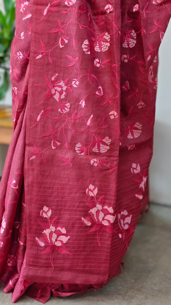 Dark pink desi tussar silk saree - 637B