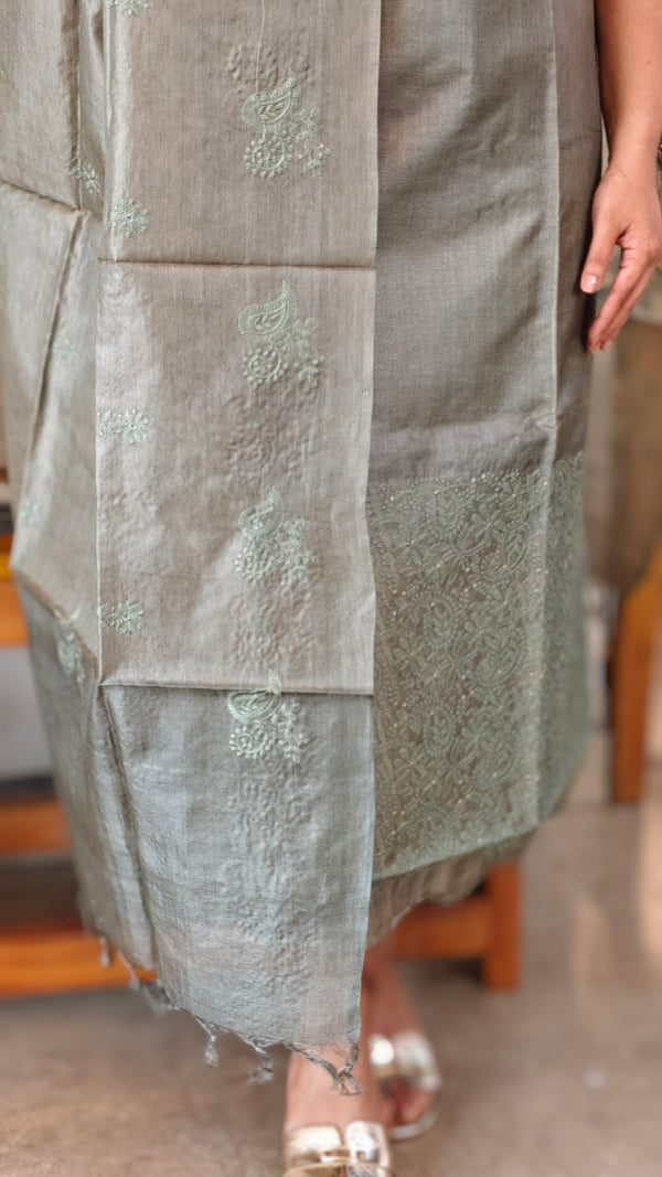 Green embroidered tussar silk suit