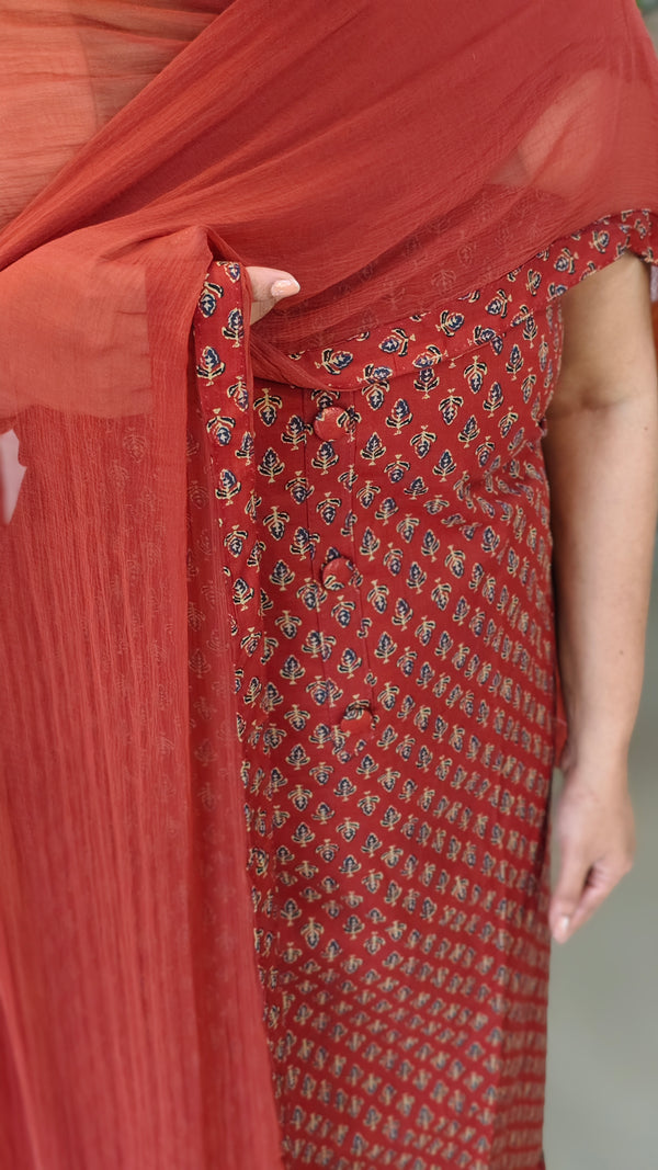 Brick red printed cotton suit