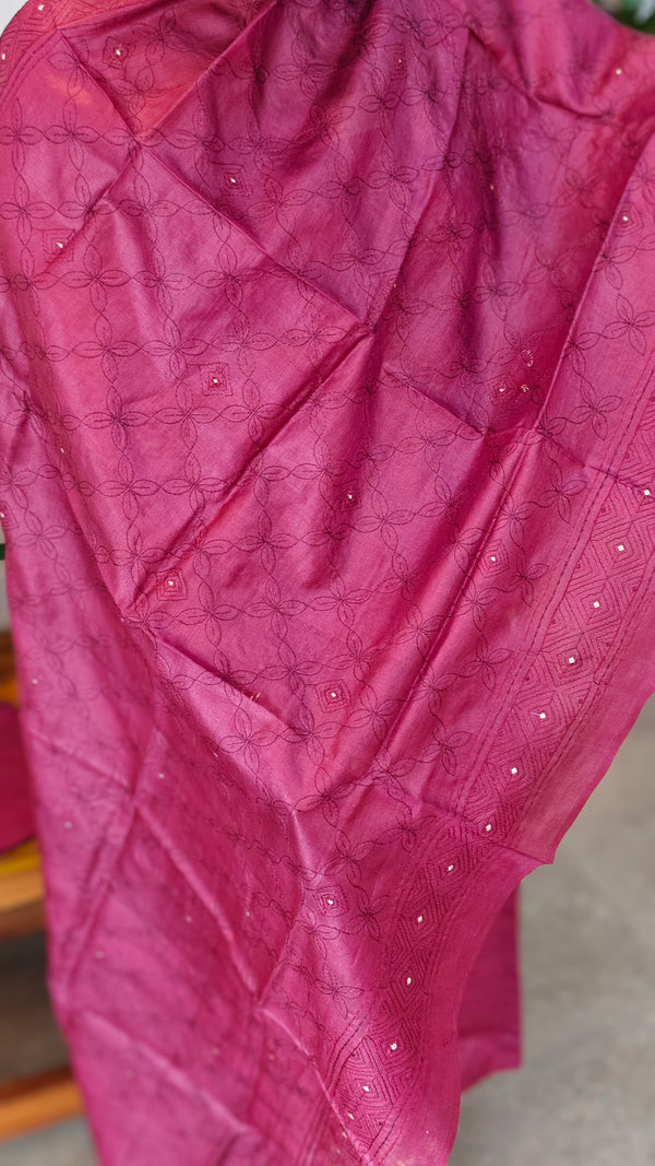 Dark pink embroidered tussar silk suit