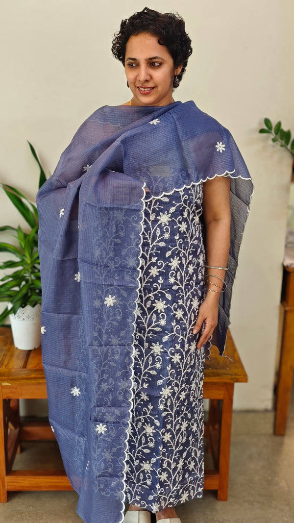 Blue embroidered net kota suit
