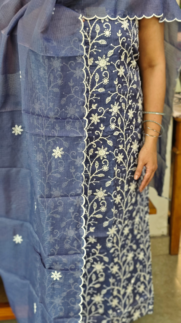 Blue embroidered net kota suit