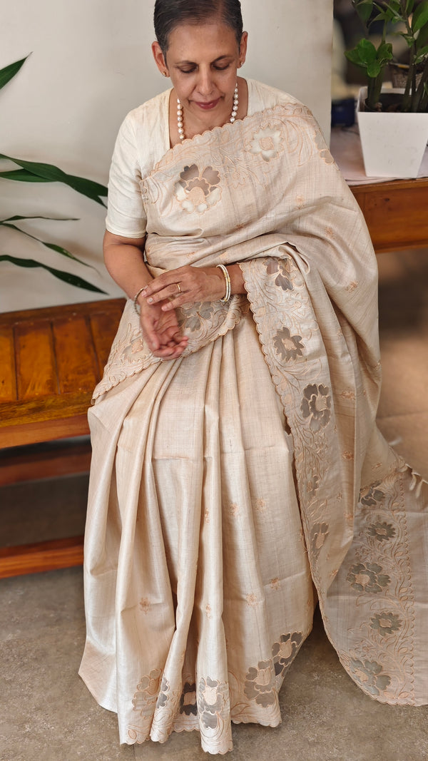 Beige Handloom Desi tussar silk applique saree