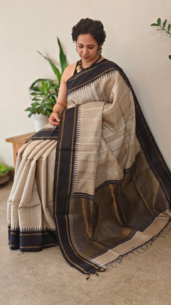 Beige and Black handloom desi tussar silk saree - A139