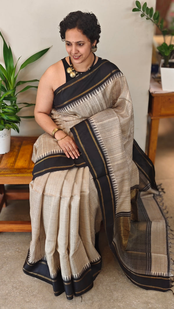 Beige and Black handloom desi tussar silk saree - A139