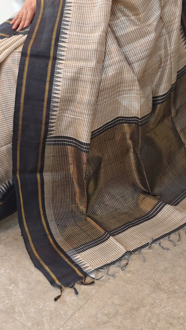 Beige and Black handloom desi tussar silk saree - A139