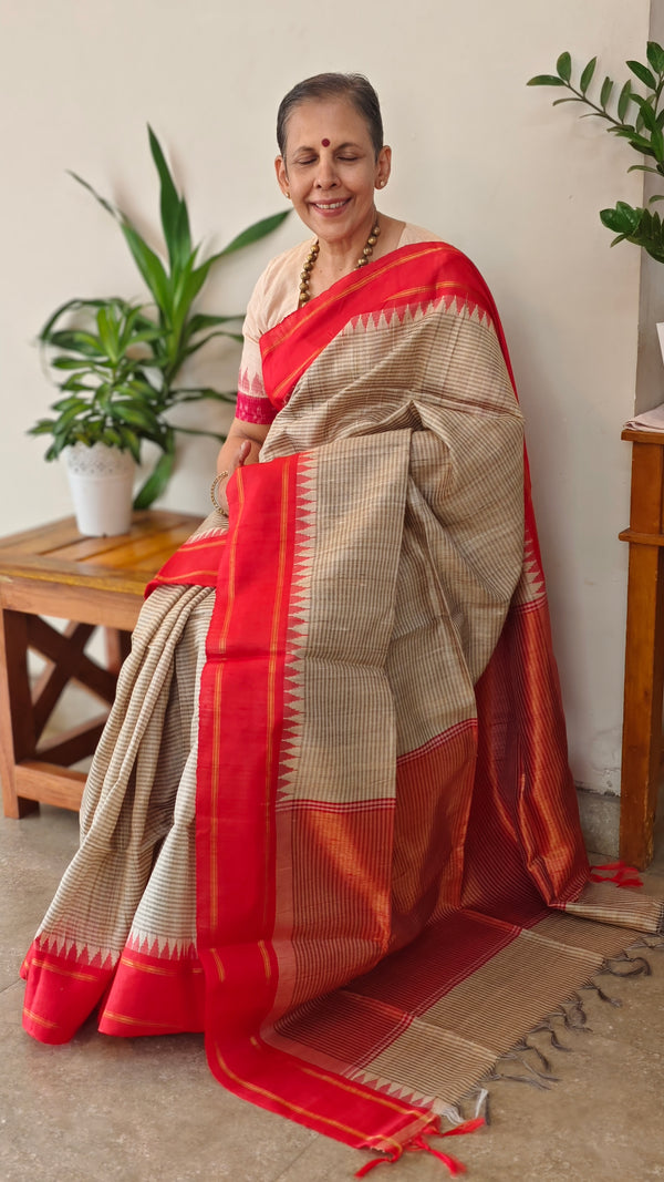 Beige and Red handoom desi tussar silk saree - A139
