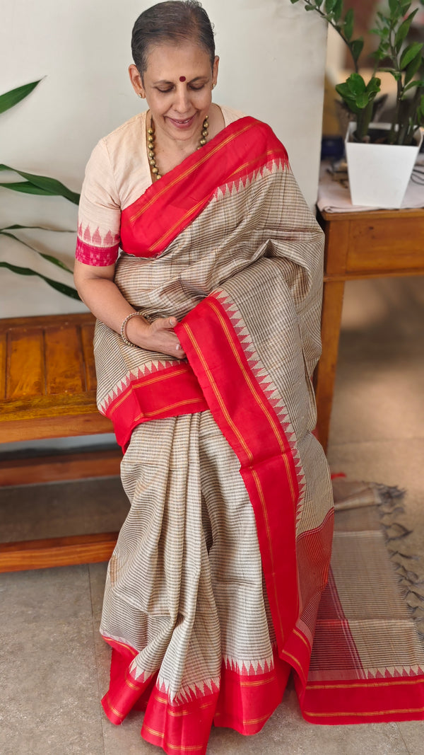 Beige and Red handoom desi tussar silk saree - A139