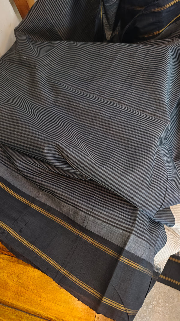 Beige and Black handloom desi tussar silk saree - A139