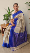 Beige and Blue handloom desi tussar silk saree - A139