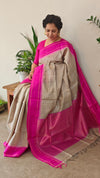Beige and Magenta handloom desi tussar silk saree - A139
