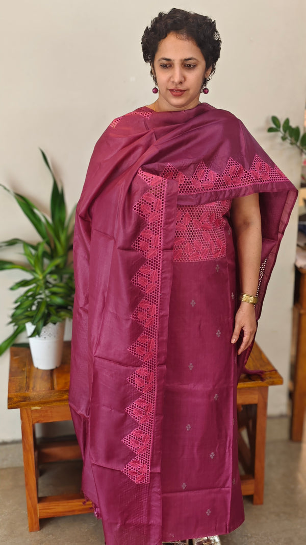 WZCW - Wine shade cutwork tussar silk suit