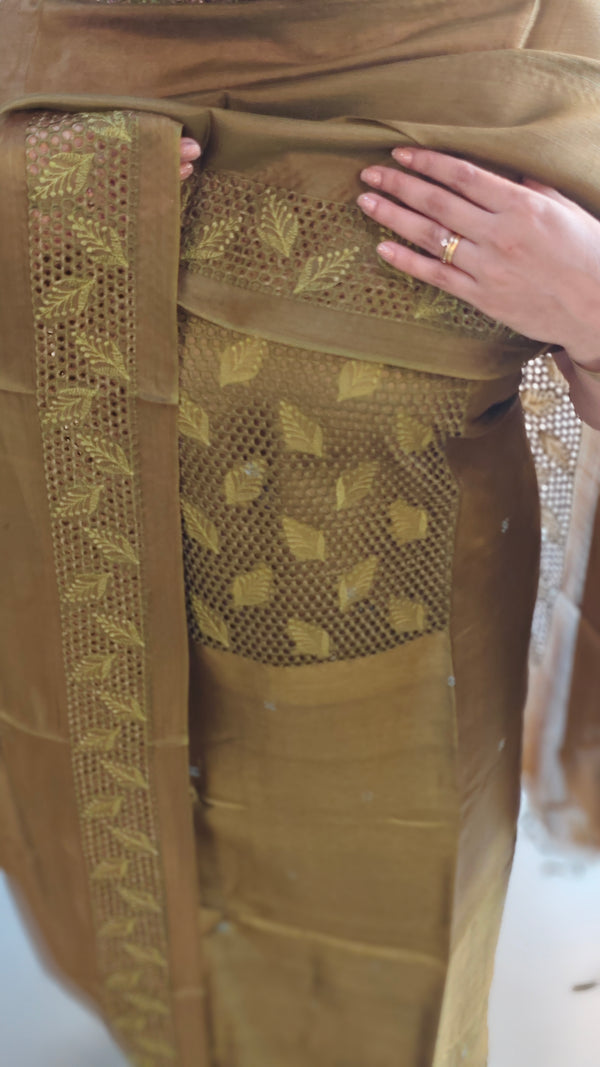 WZCW - Olive green cutwork tussar silk suit