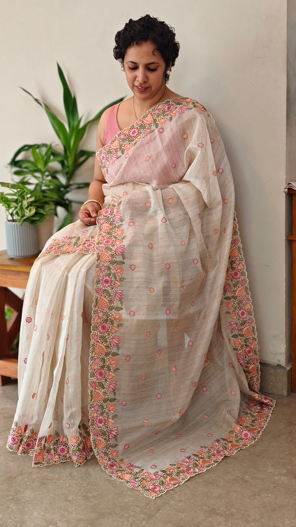 Light beige kota saree with cutwork - A