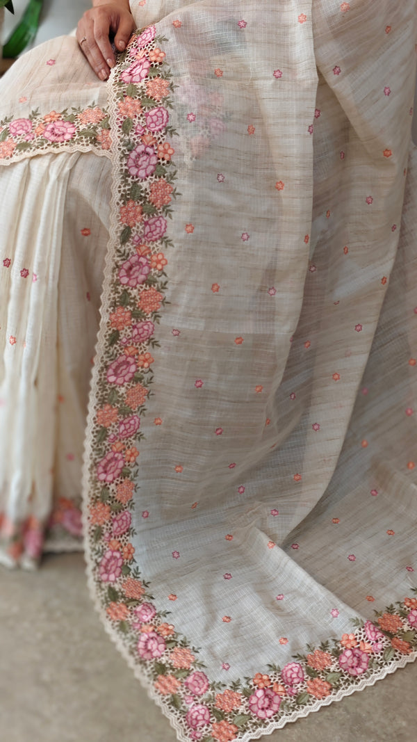 Light beige kota saree with cutwork - B