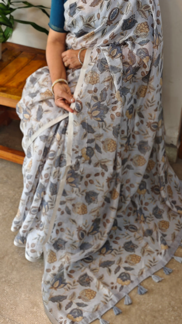 Floral printed light ash blended linen saree