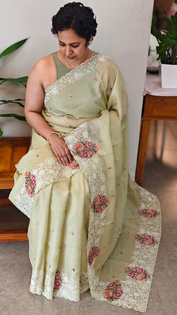 Pista green embroidered net kota saree