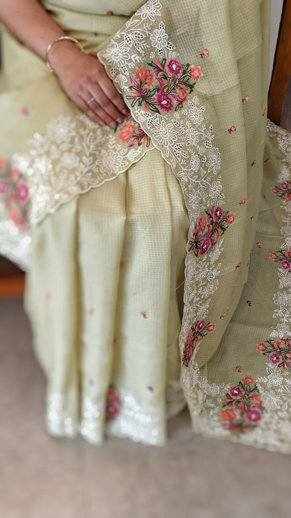Pista green embroidered net kota saree