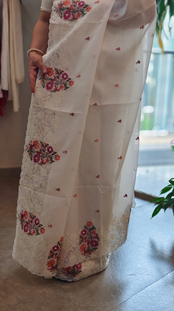 White embroidered net kota saree
