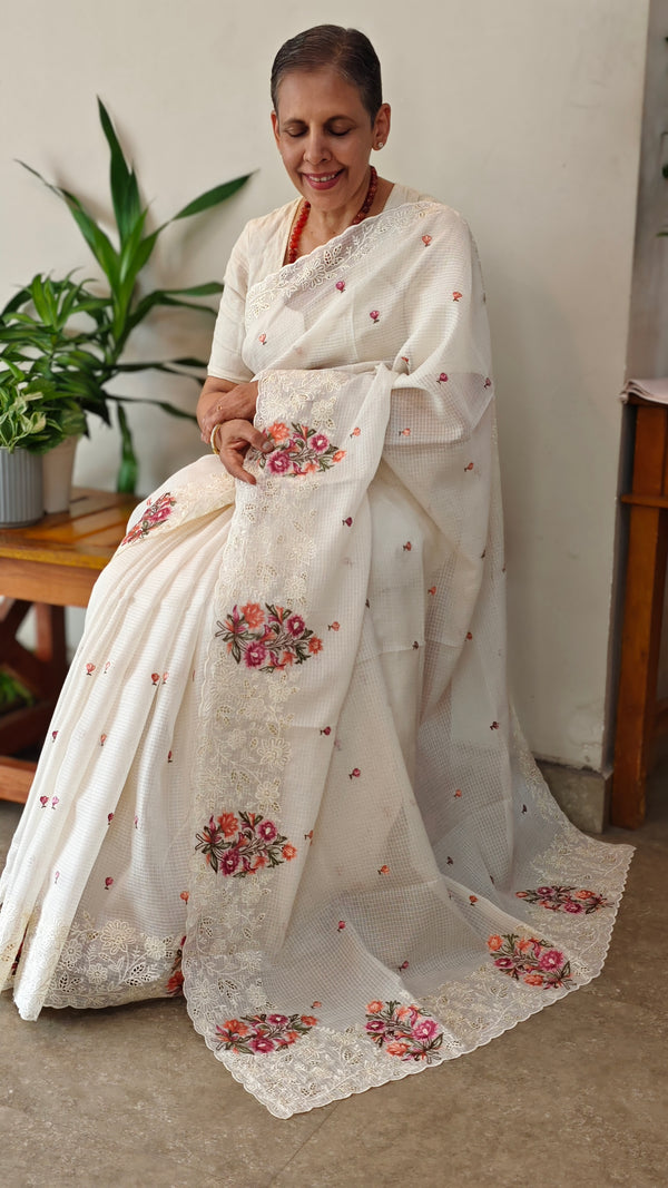 White embroidered net kota saree